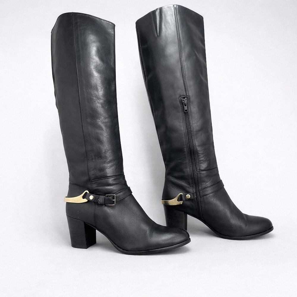 Carvela Kurt Geiger Black‎ Leather Knee High Boots Gold Hardware 9